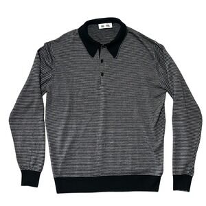 Gold Pfeil Mens Pure Wool Knit Polo Sweater Made in England Black Grey Striped L